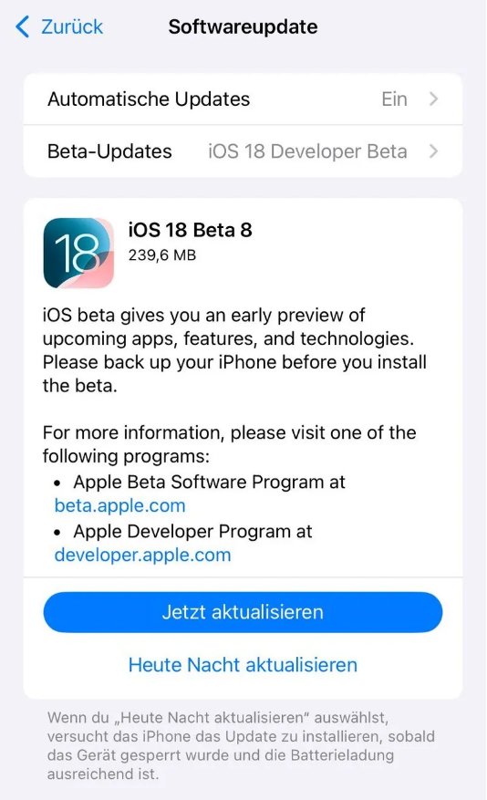 阳曲苹果手机维修分享苹果 iOS / iPadOS 18 开发者预览版 Beta 8 发布 